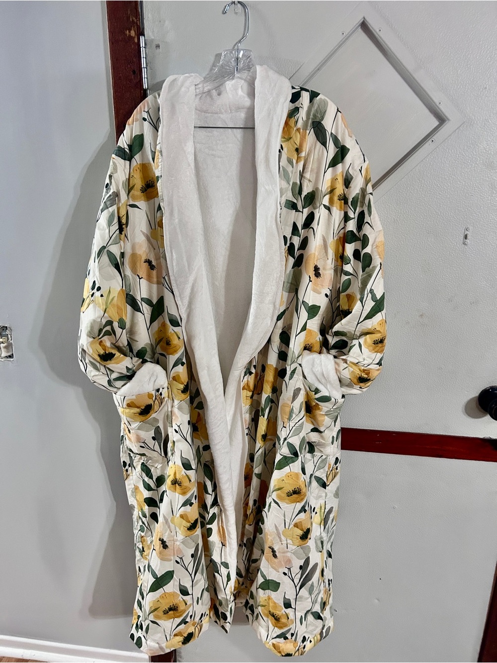 Hooded Sherpa Robe - Yellow Floral Print